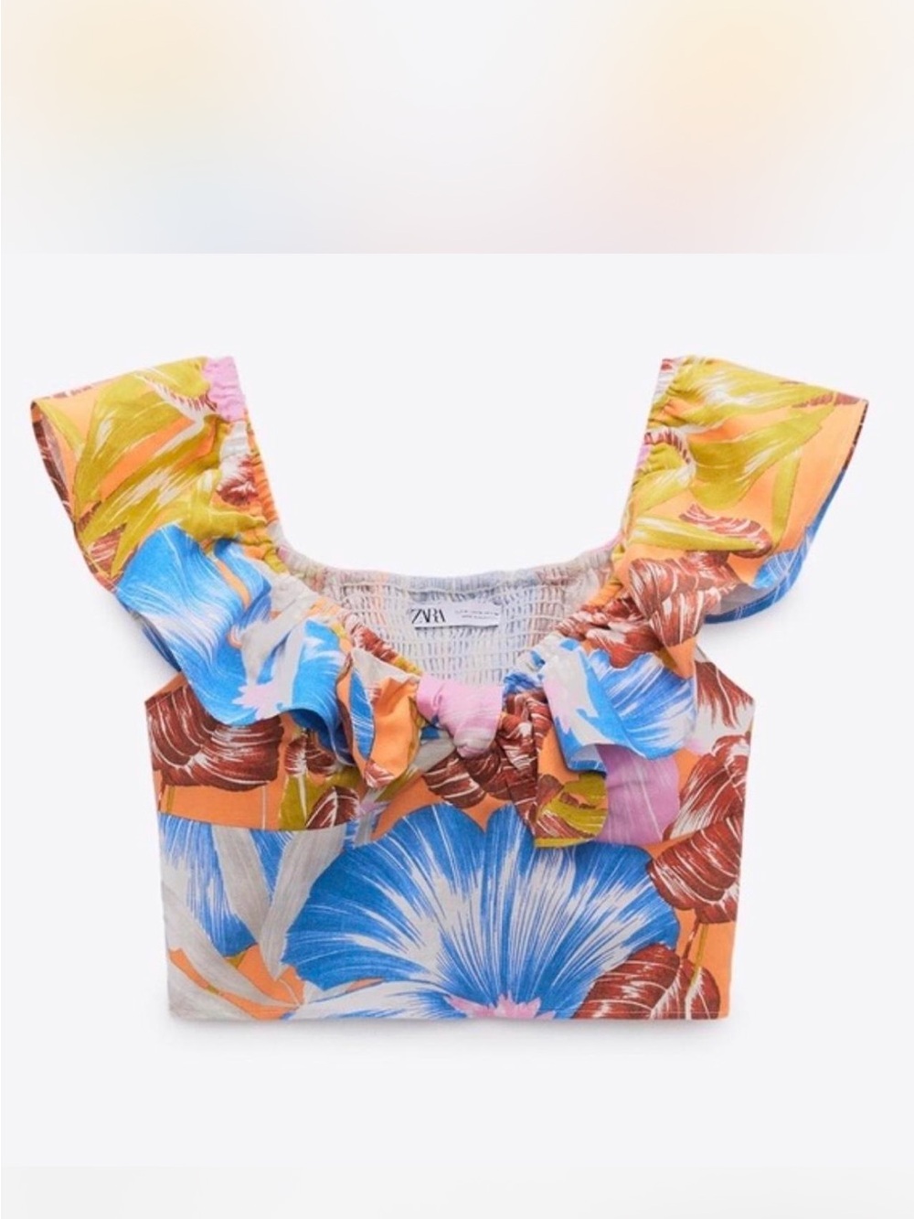 Zara Multicolor Floral Ruffle Crop Top - Blue, Orange, Pink, Brown, Green